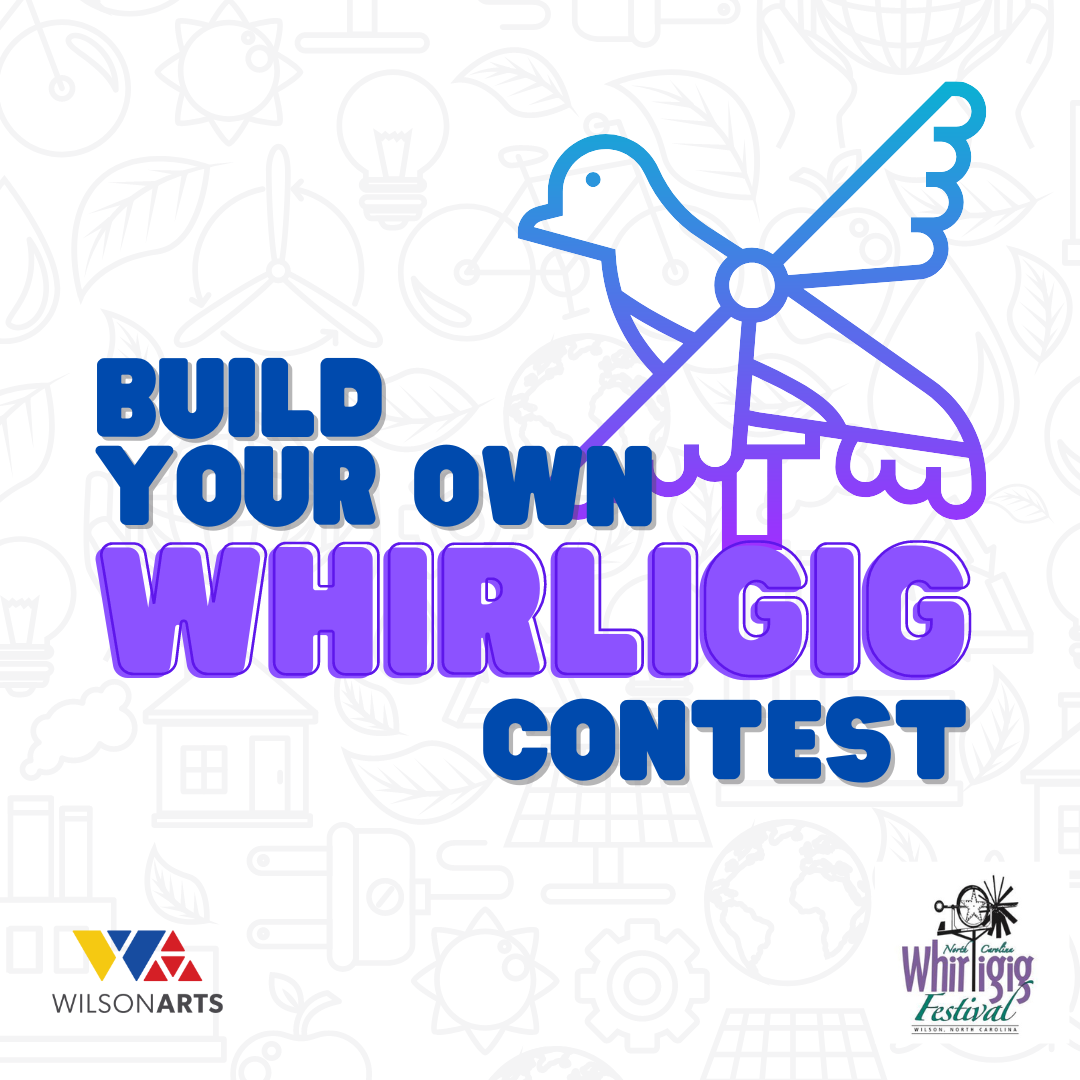 Build Your Own Whirligig Contest in text with a bird whirligig and a light background showing recyclable materials