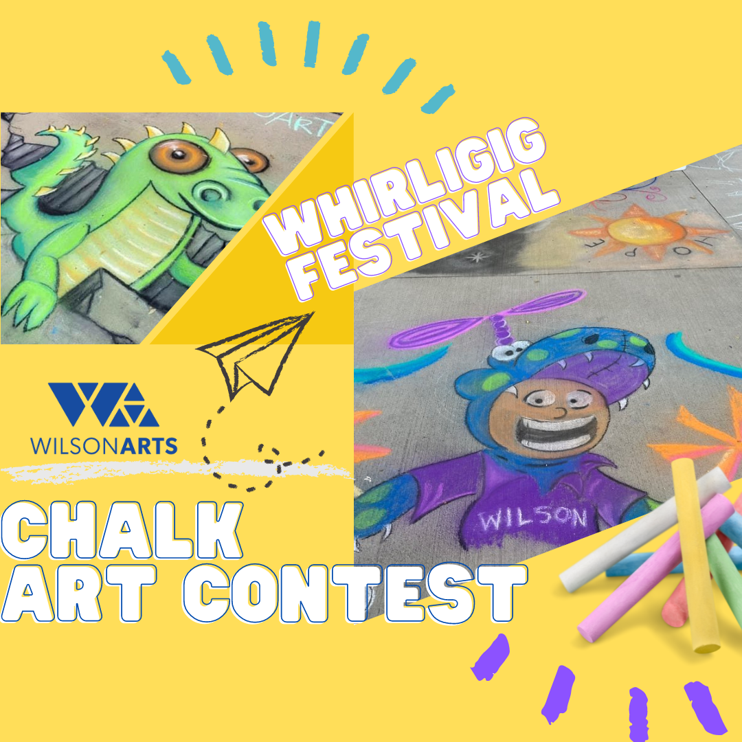 Whirligig Festival Chalk Art Contest title with a chalk dinosaur and a chalk cartoon kid in a purple and blue dino suit
