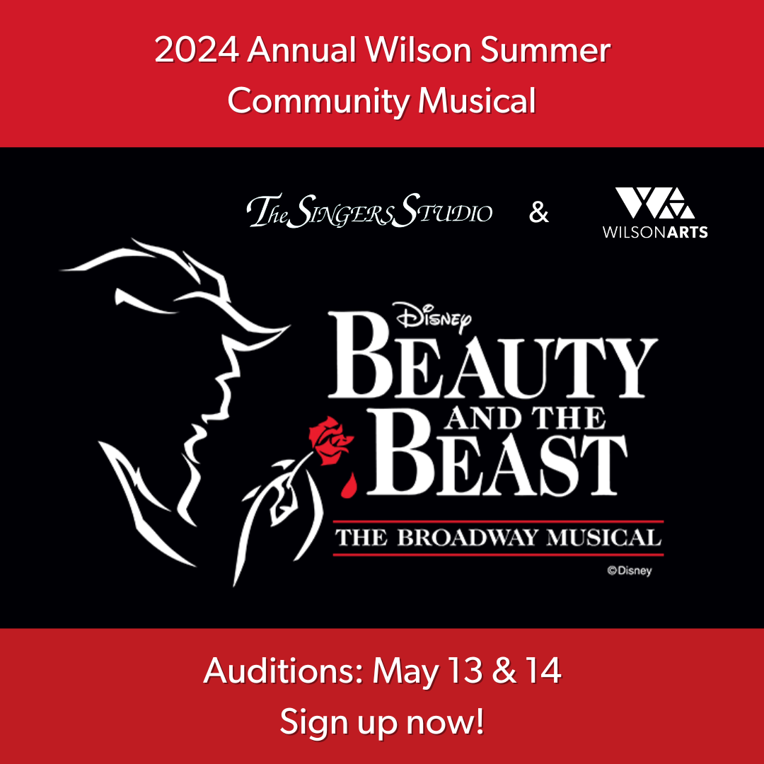 Beauty and the Beast logo of the beast holding a red rose announcing auditions are May 13 & 14