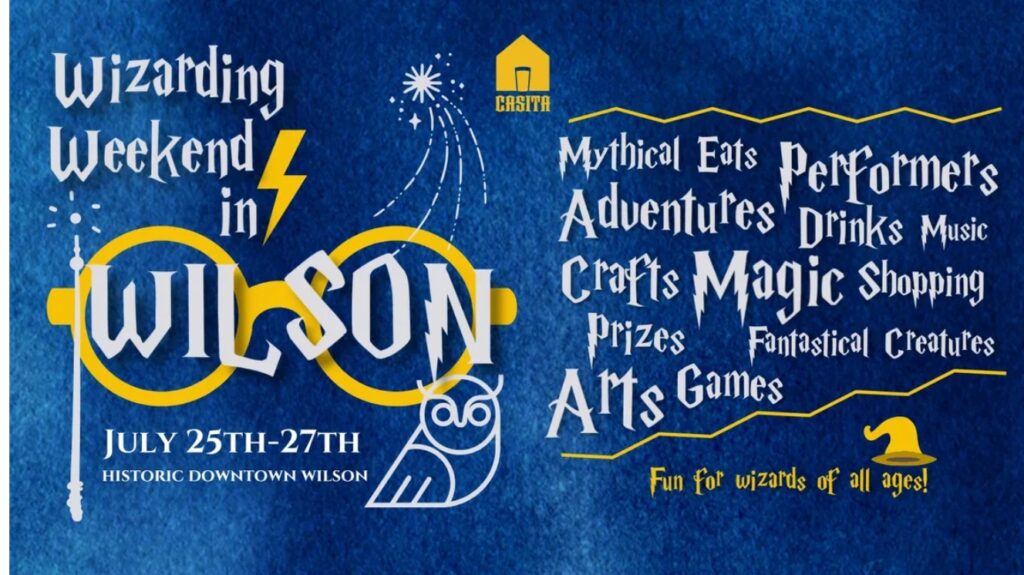graphic saying "Wizarding Weekend in Wilson" with a wand, eyeglasses, lightning bolt, and an owl 